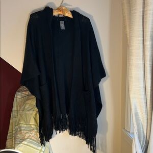 Vince Camuto‎ Black Hooded Batwing Fringed Poncho Cape Shrug Ruana